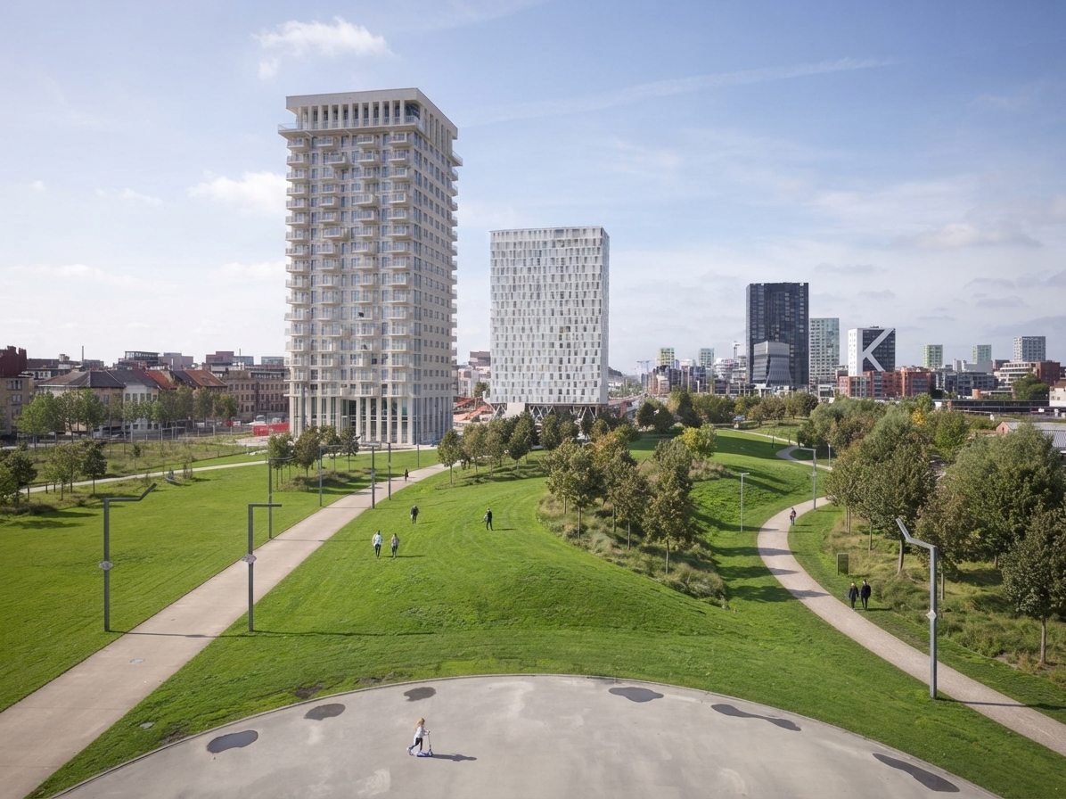 De Lichttoren and De Parktoren rising above Park Spoor Noord, Antwerp